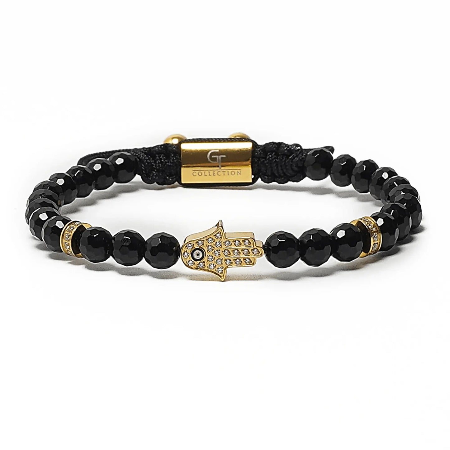 Men's BLACK ONYX Bracelet with Golden HAMSA Hand – product image (Default Title, Bracelets) by GT collection