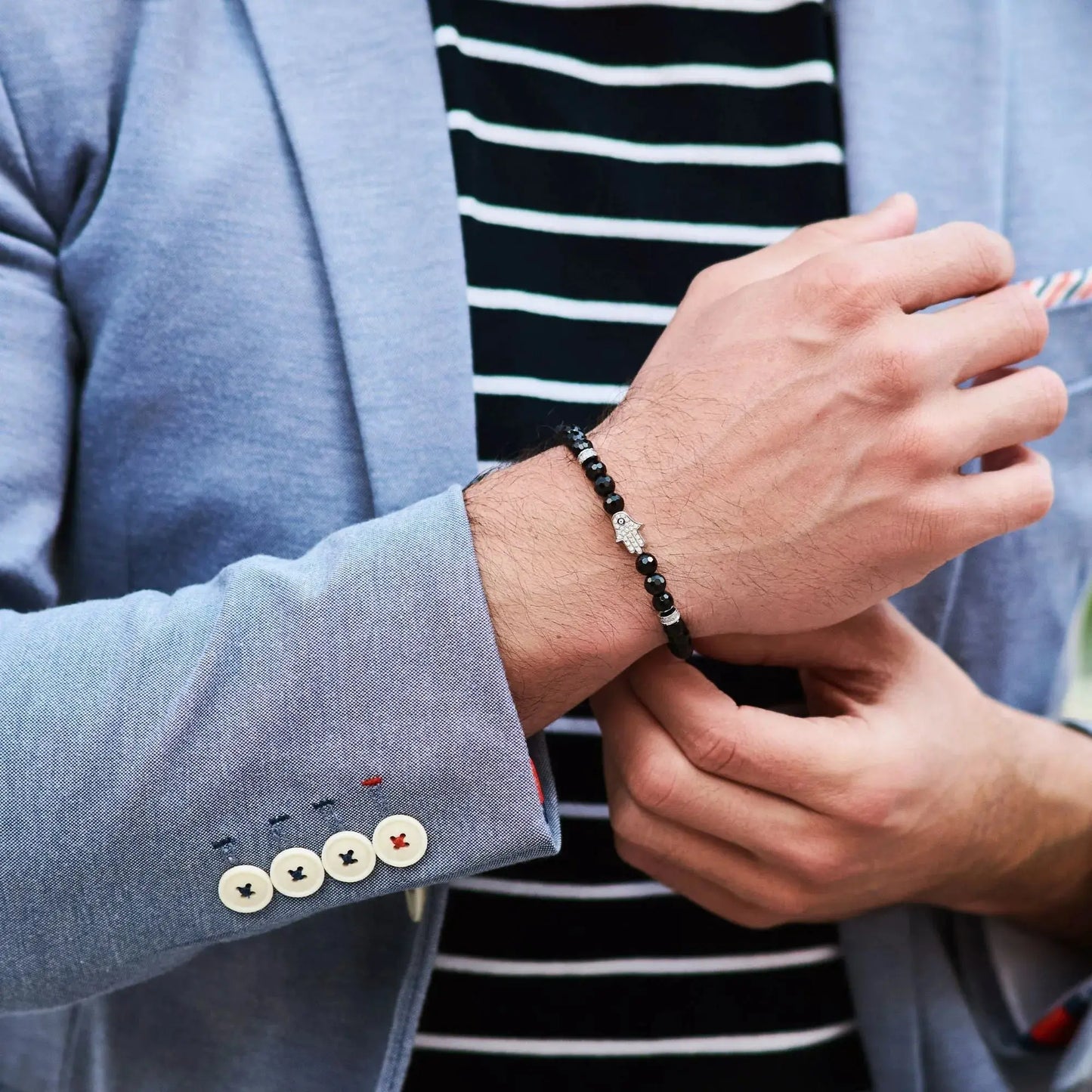 Men’s black gemstone beaded bracelet with silver lion head charm by GT Collection