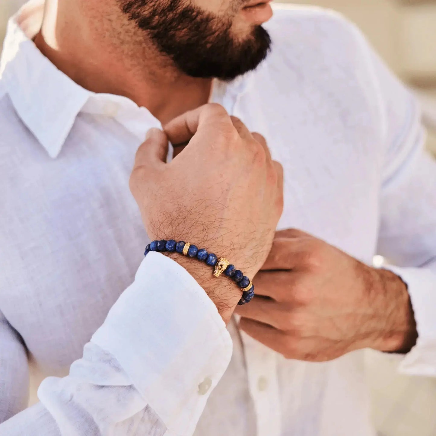 Men’s blue and green gemstone beaded bracelet with gold hors head charm by GT Collection