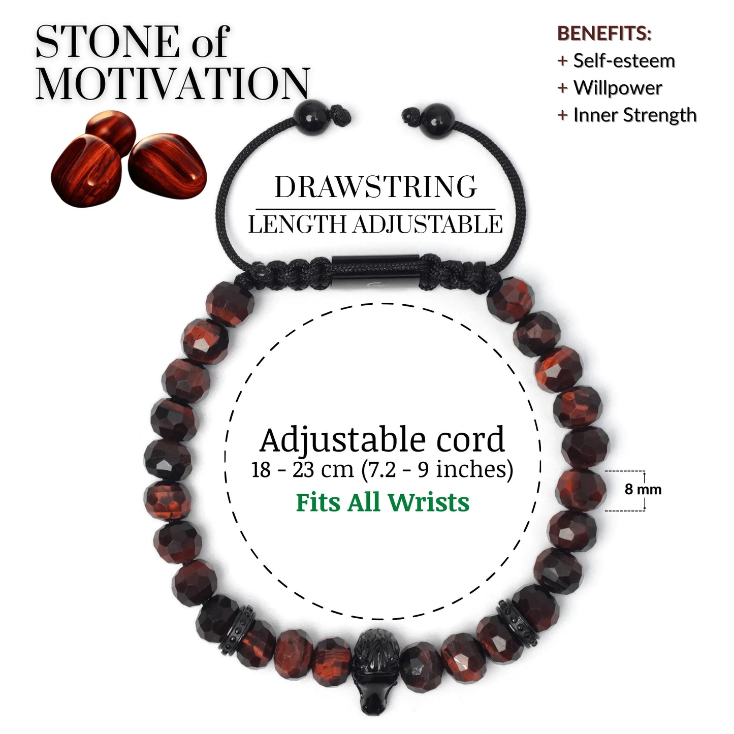 Men’s brown tiger eye beaded bracelet with black adjustable cord by GT Collection