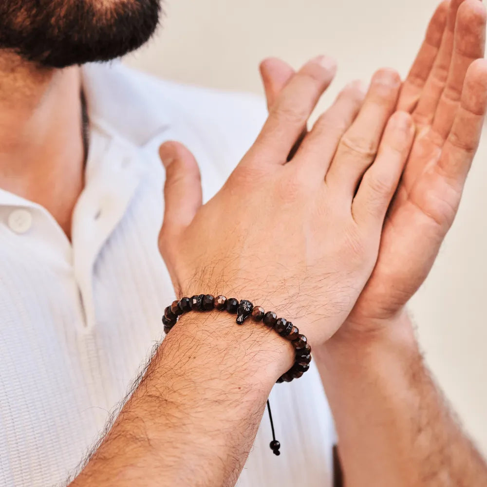 Men’s brown tiger eye beaded bracelet with black adjustable cord by GT Collection