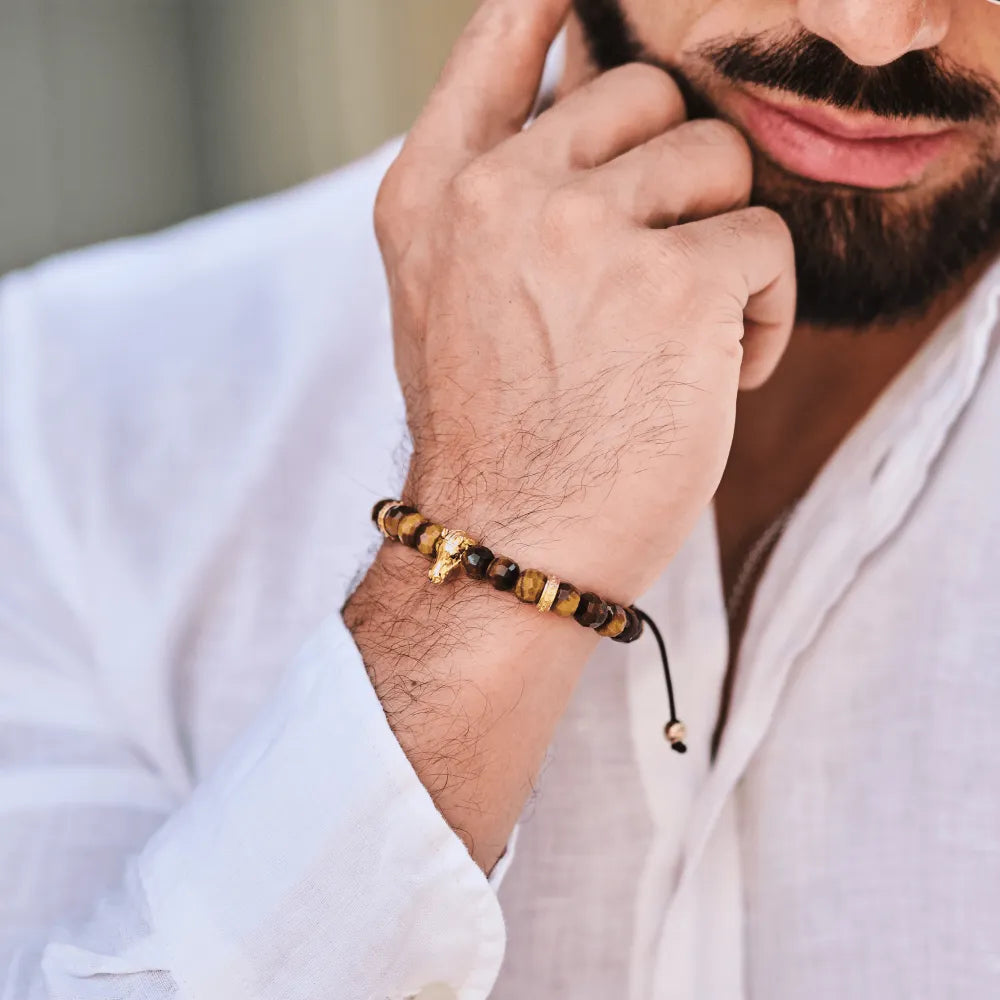 Men’s brown tiger eye beaded bracelet with black adjustable cord by GT Collection