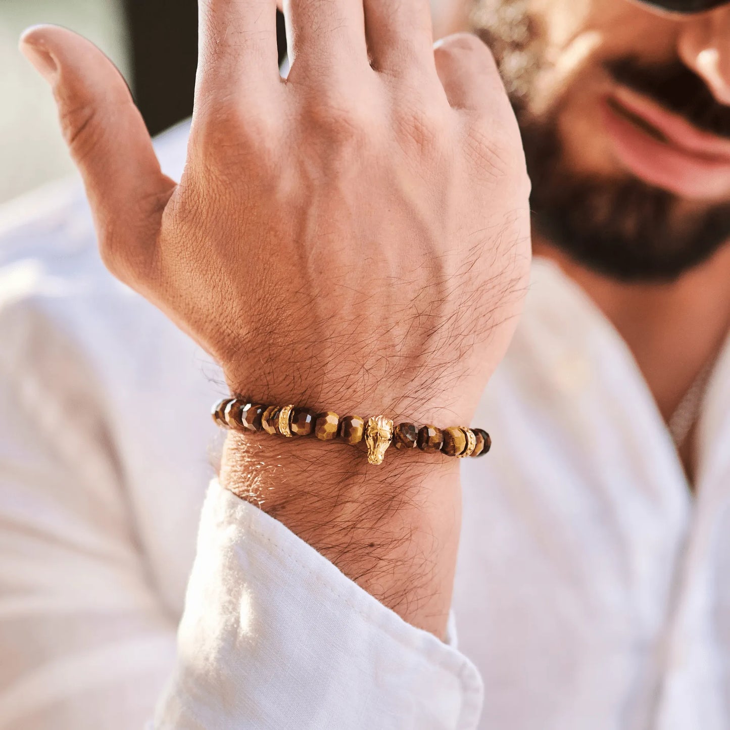 Men’s brown tiger eye beaded bracelet with black adjustable cord by GT Collection
