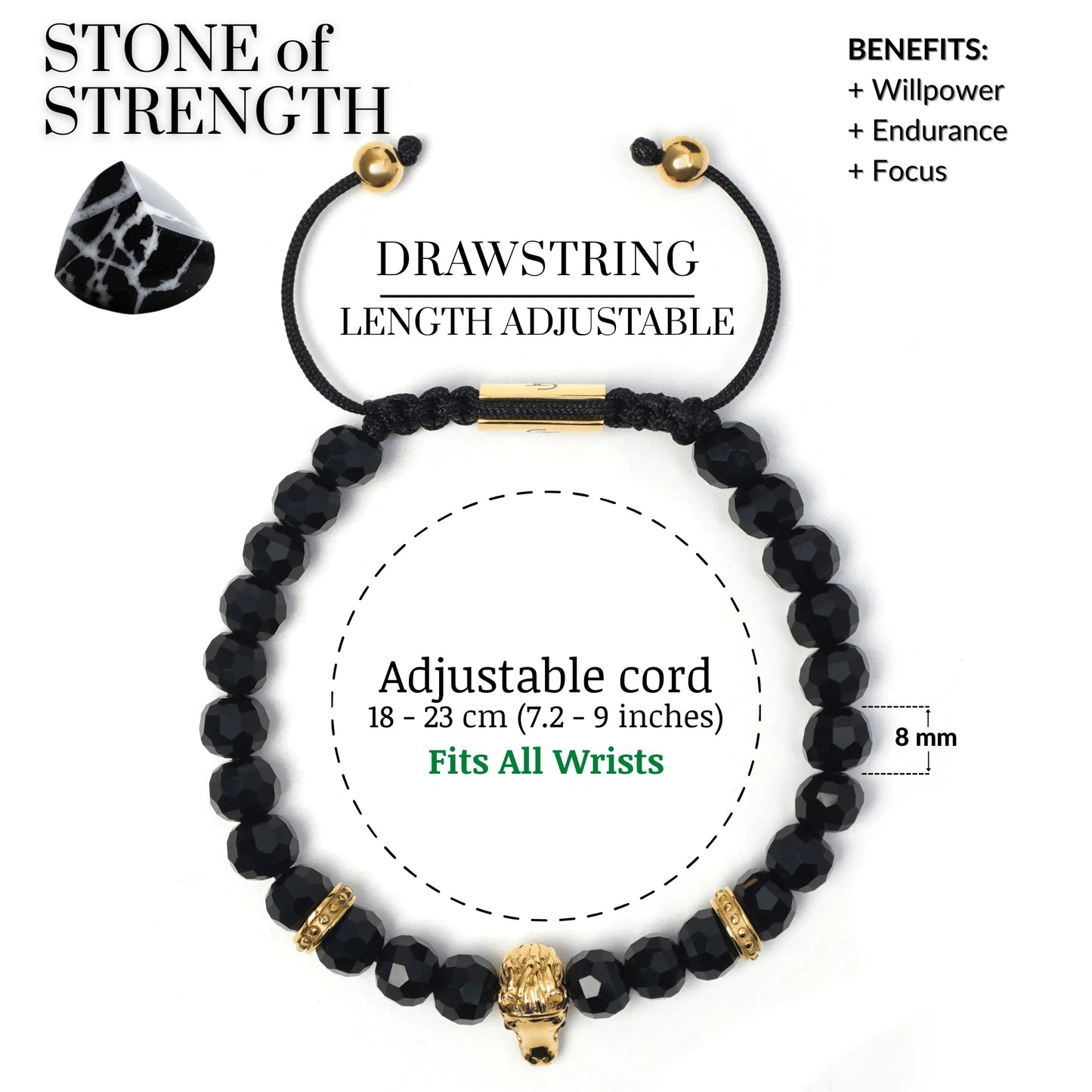 Men’s black and green gemstone beaded bracelet with silver lion head charm by GT Collection