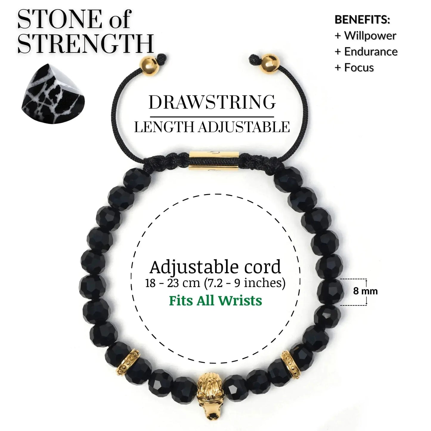 Men’s black and green gemstone beaded bracelet with silver lion head charm by GT Collection
