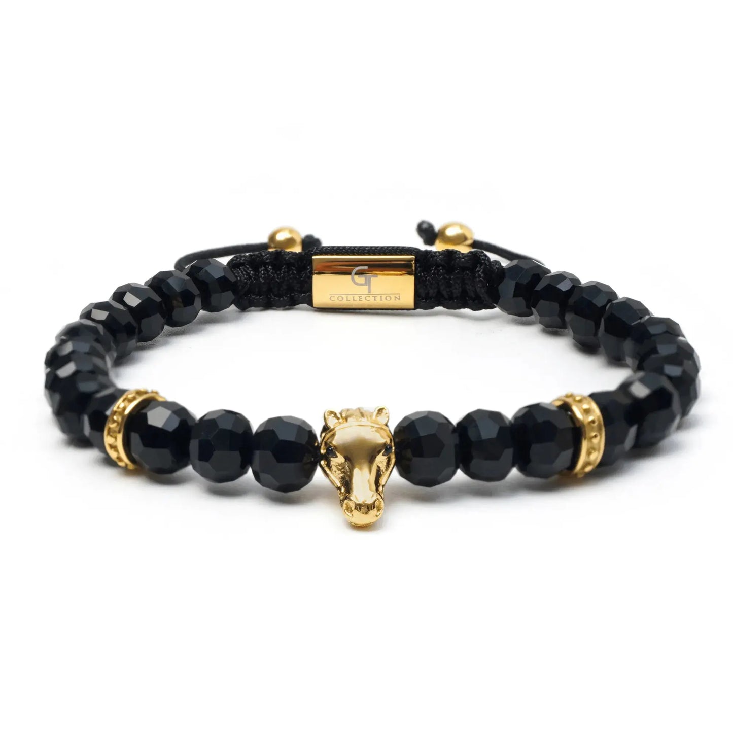 Men’s black and green gemstone beaded bracelet with silver lion head charm by GT Collection