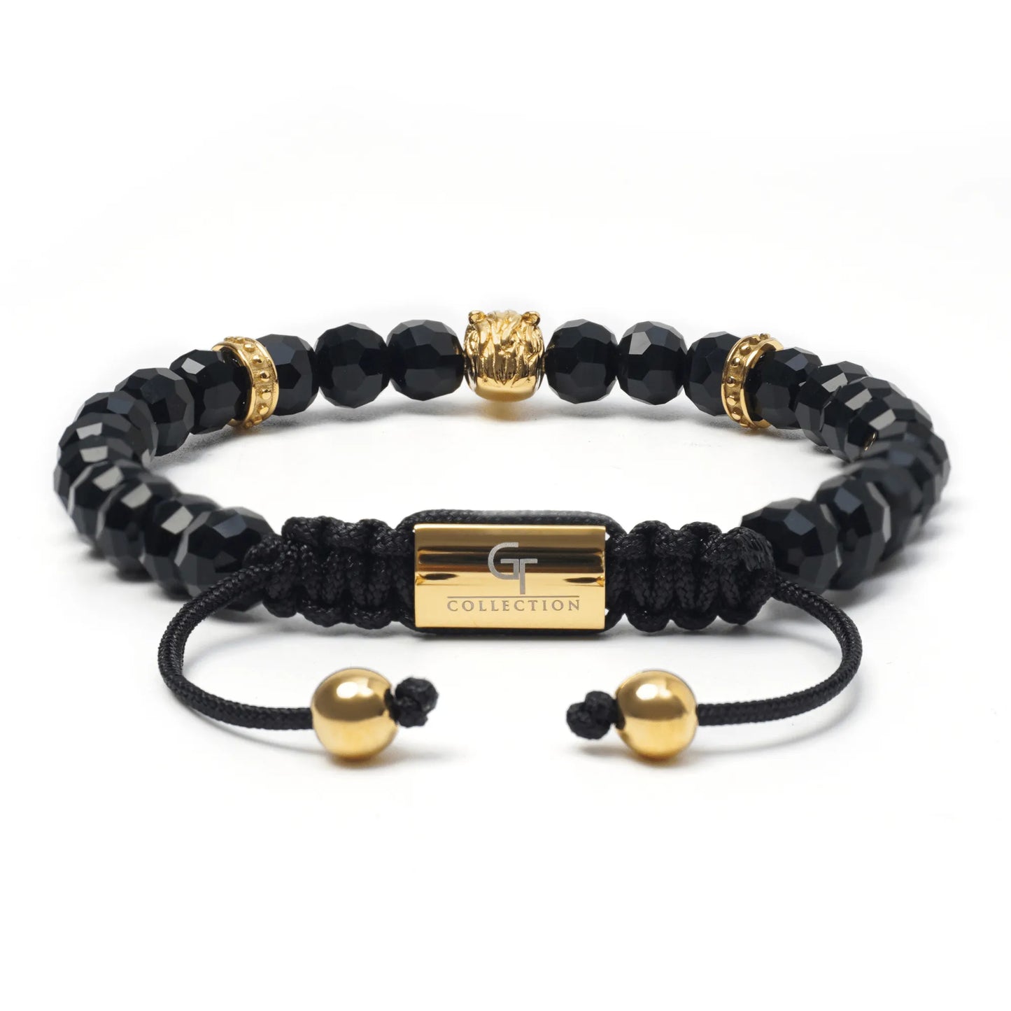 Men’s black and green gemstone beaded bracelet with silver lion head charm by GT Collection