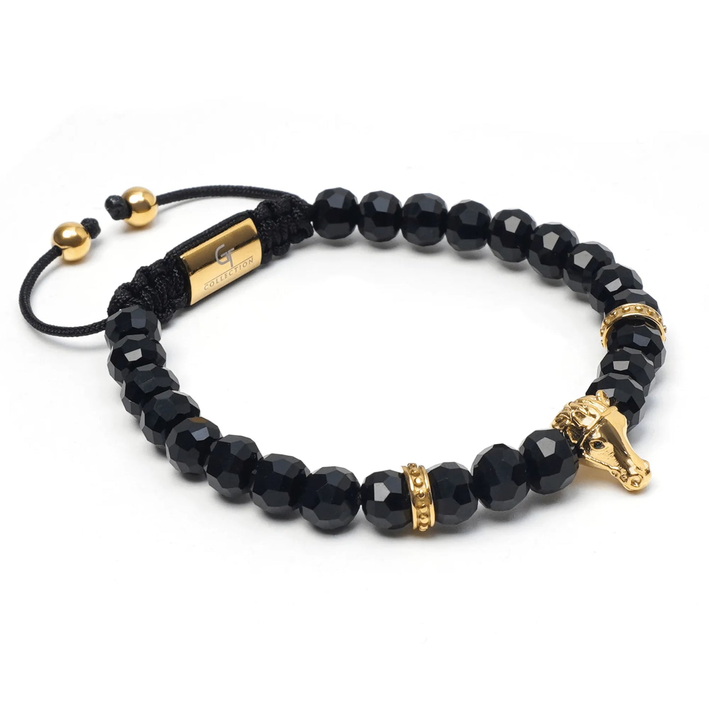 Men’s black and green gemstone beaded bracelet with gold hors head charm by GT Collection