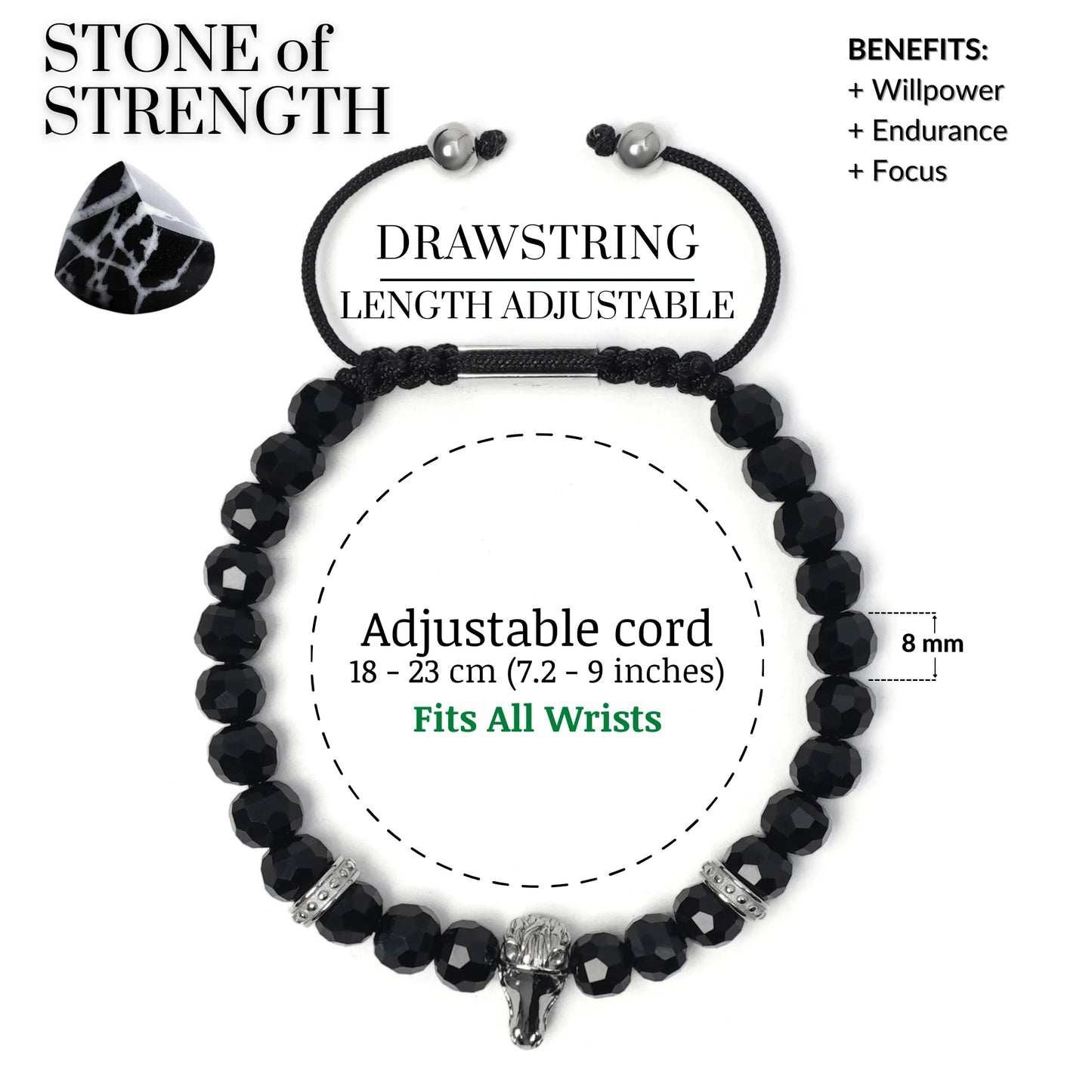 Men’s black and green gemstone beaded bracelet with silver lion head charm by GT Collection”