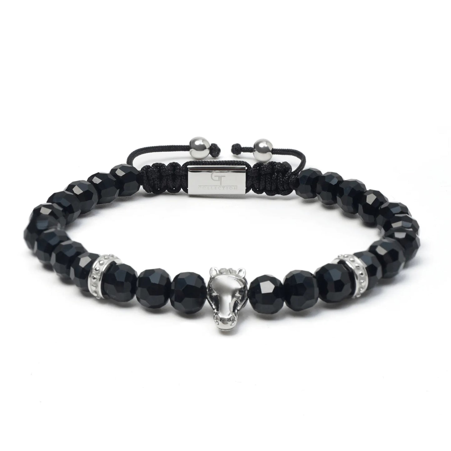 Men’s black and green gemstone beaded bracelet with silver hors head charm by GT Collection