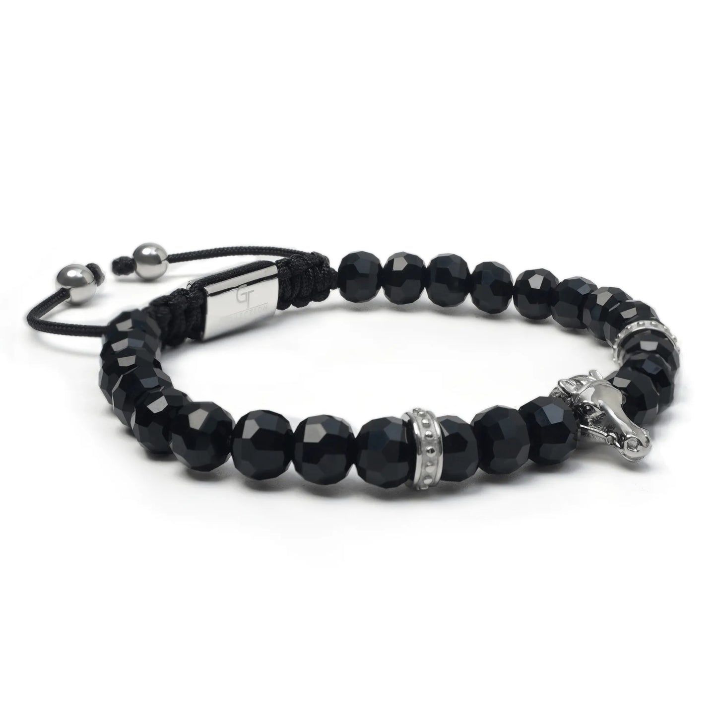 Men’s black and green gemstone beaded bracelet with silver hors head charm by GT Collection