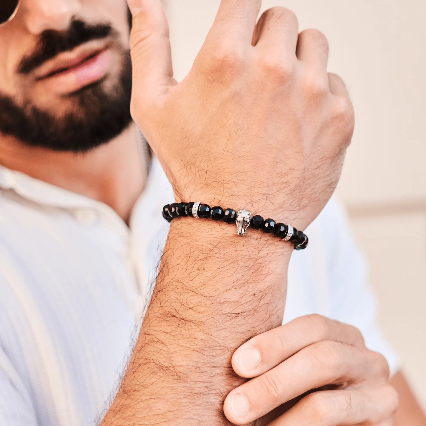 Men’s black and green gemstone beaded bracelet with silver lion head charm by GT Collection
