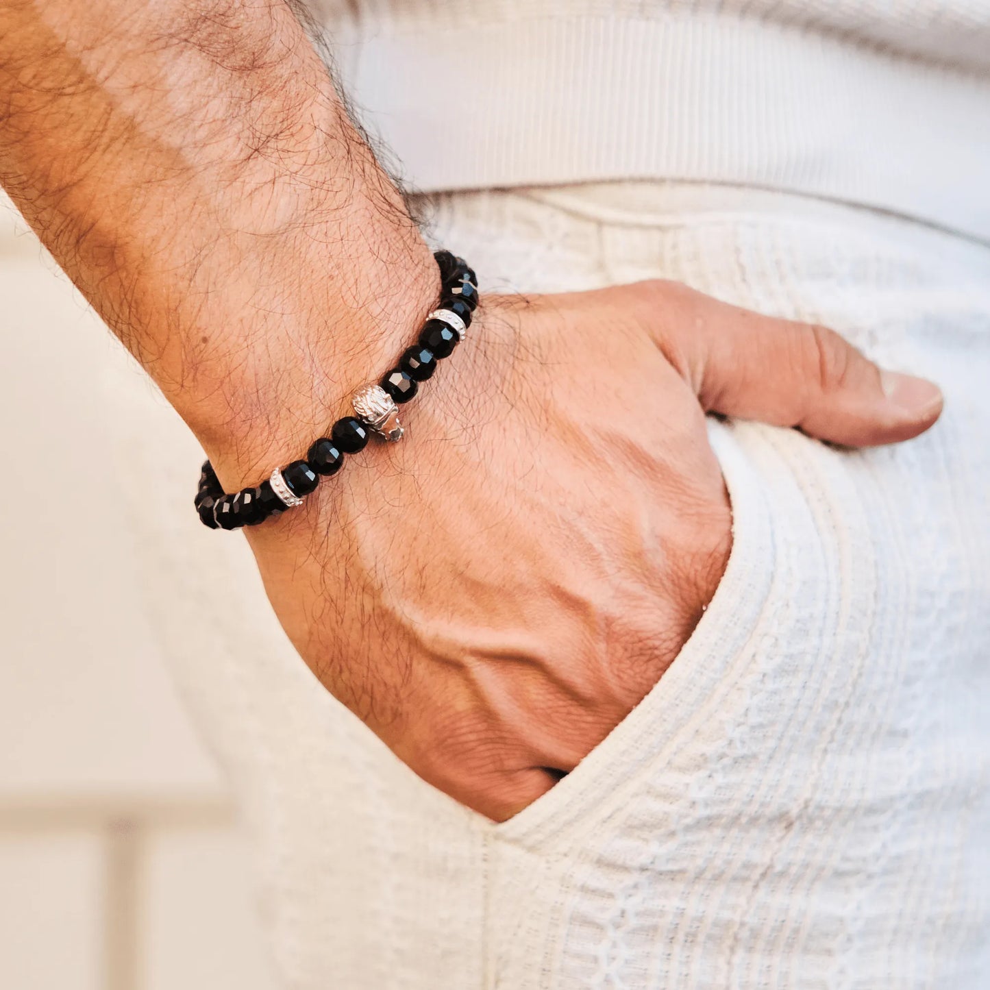 Men’s black and green gemstone beaded bracelet with silver lion head charm by GT Collection