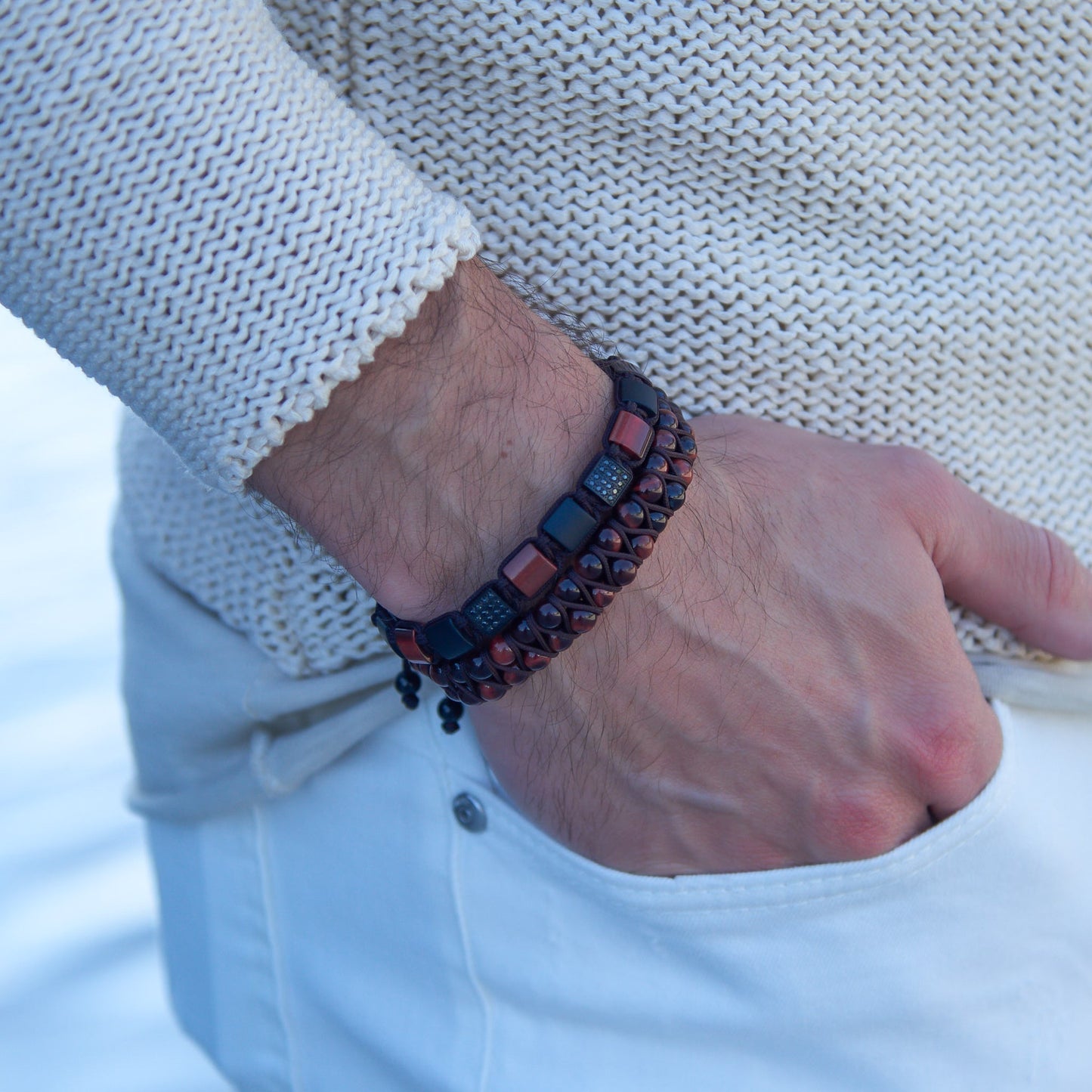 Bracelet - Men's RED TIGER EYE Double Bead Bracelet - Red Stones