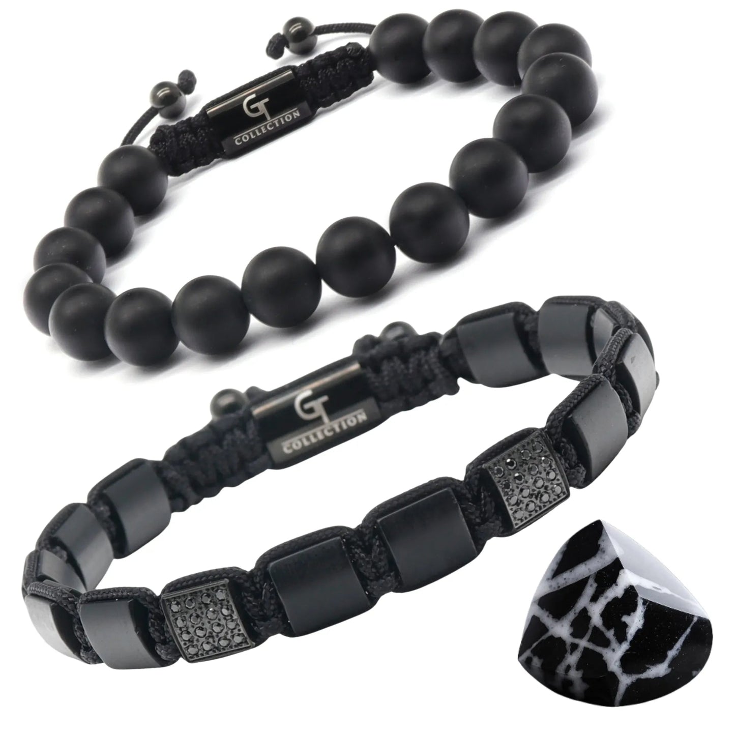 2 PIECE SET - BLACK ONYX Single Bead Bracelet And Flatbead Bracelet GT collection