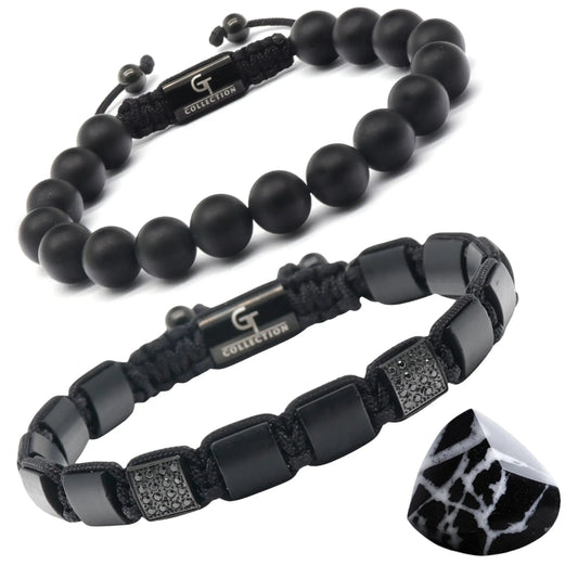 2 PIECE SET - BLACK ONYX Single Bead Bracelet And Flatbead Bracelet GT collection