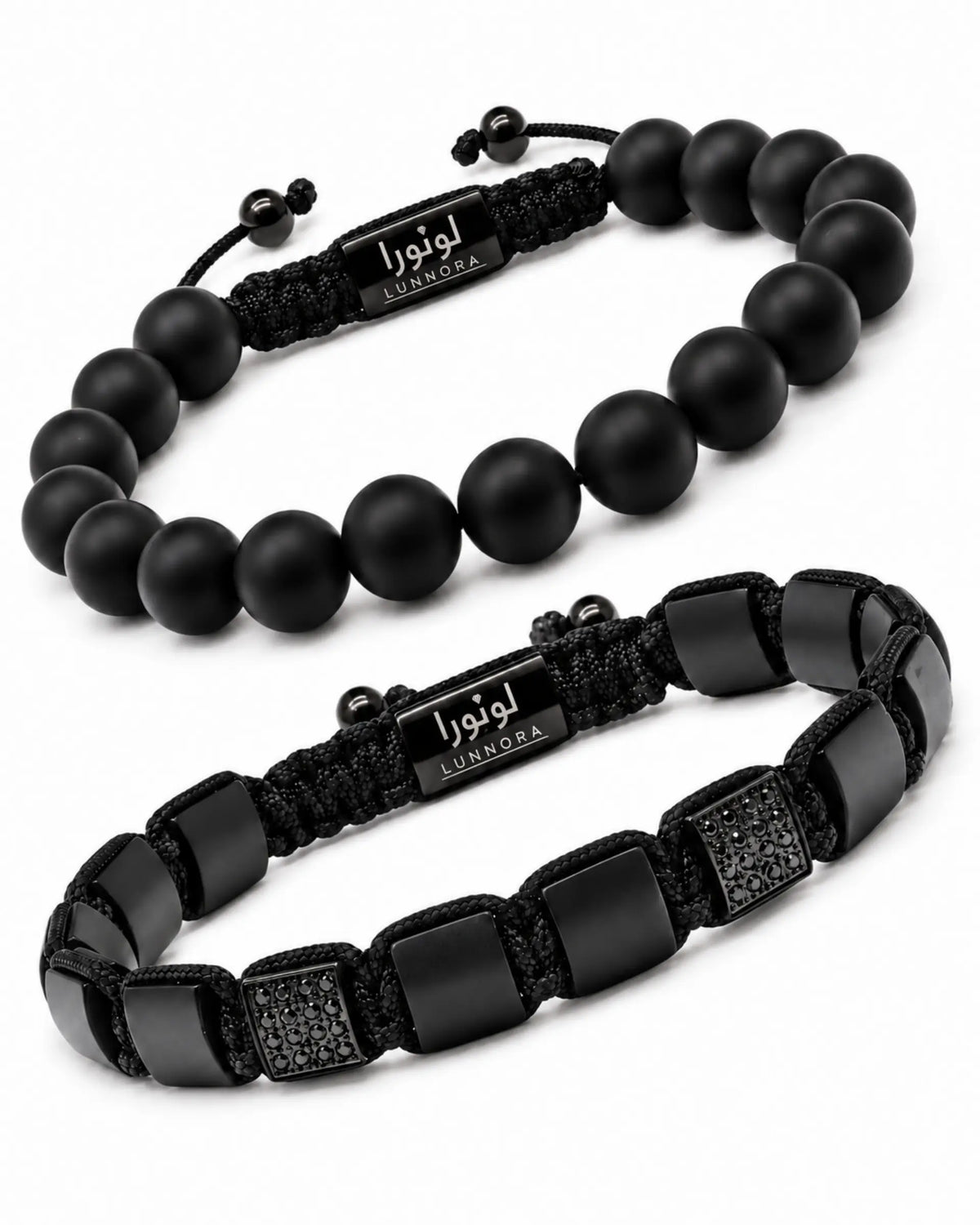 2-piece black bracelet set: matte bead bracelet and woven leather bracelet with accents