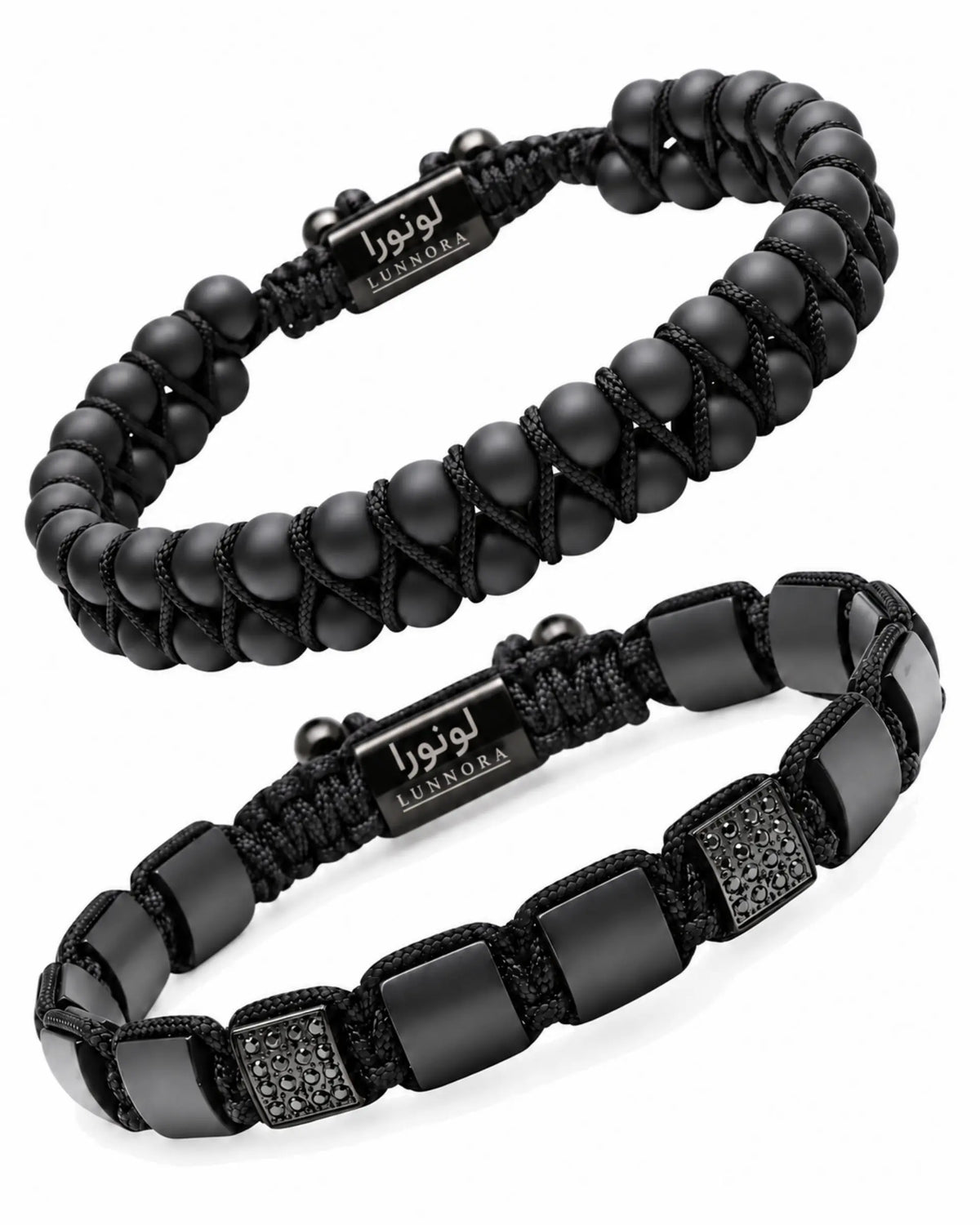 Two black beaded bracelets with woven logo tags and rectangular bead panels الصورة الرئيسية