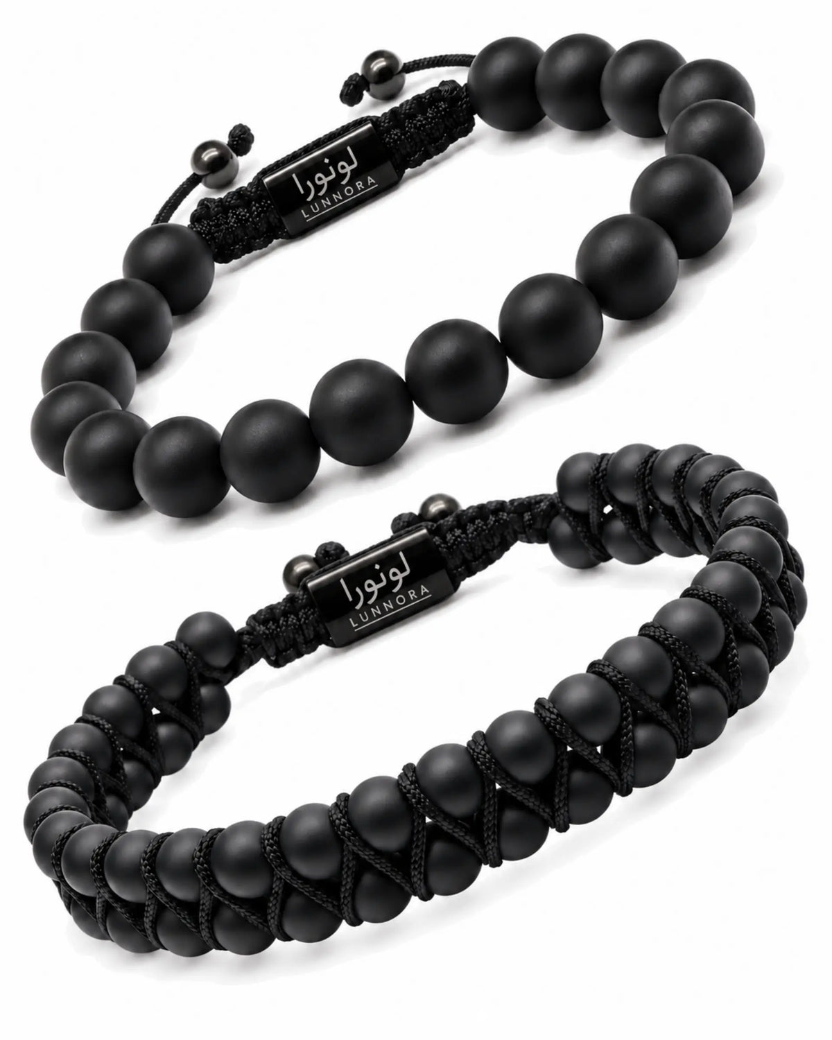 Two black beaded bracelets set: round bead strand and braided bead strand الصورة الرئيسية