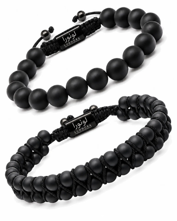 Two black beaded bracelets set: round bead strand and braided bead strand