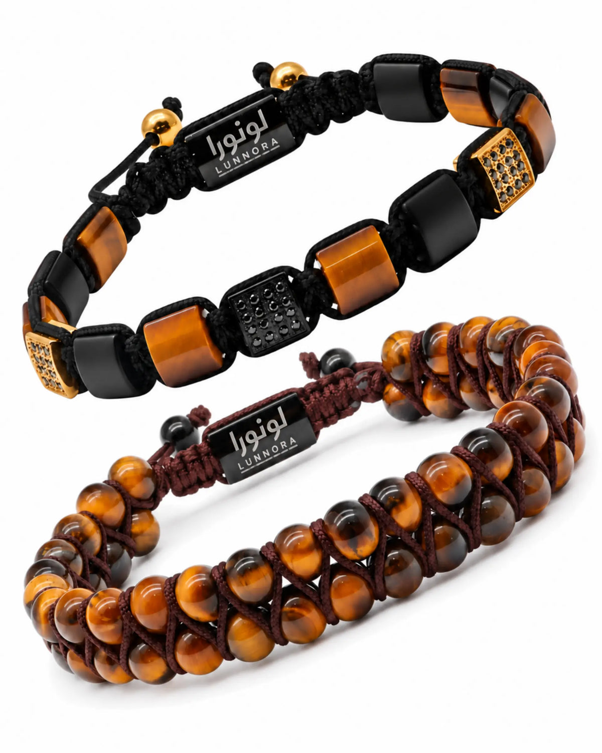 Bracelet set of tiger-eye bead strand and black cube bracelet with gold-tone details, stacked الصورة الرئيسية
