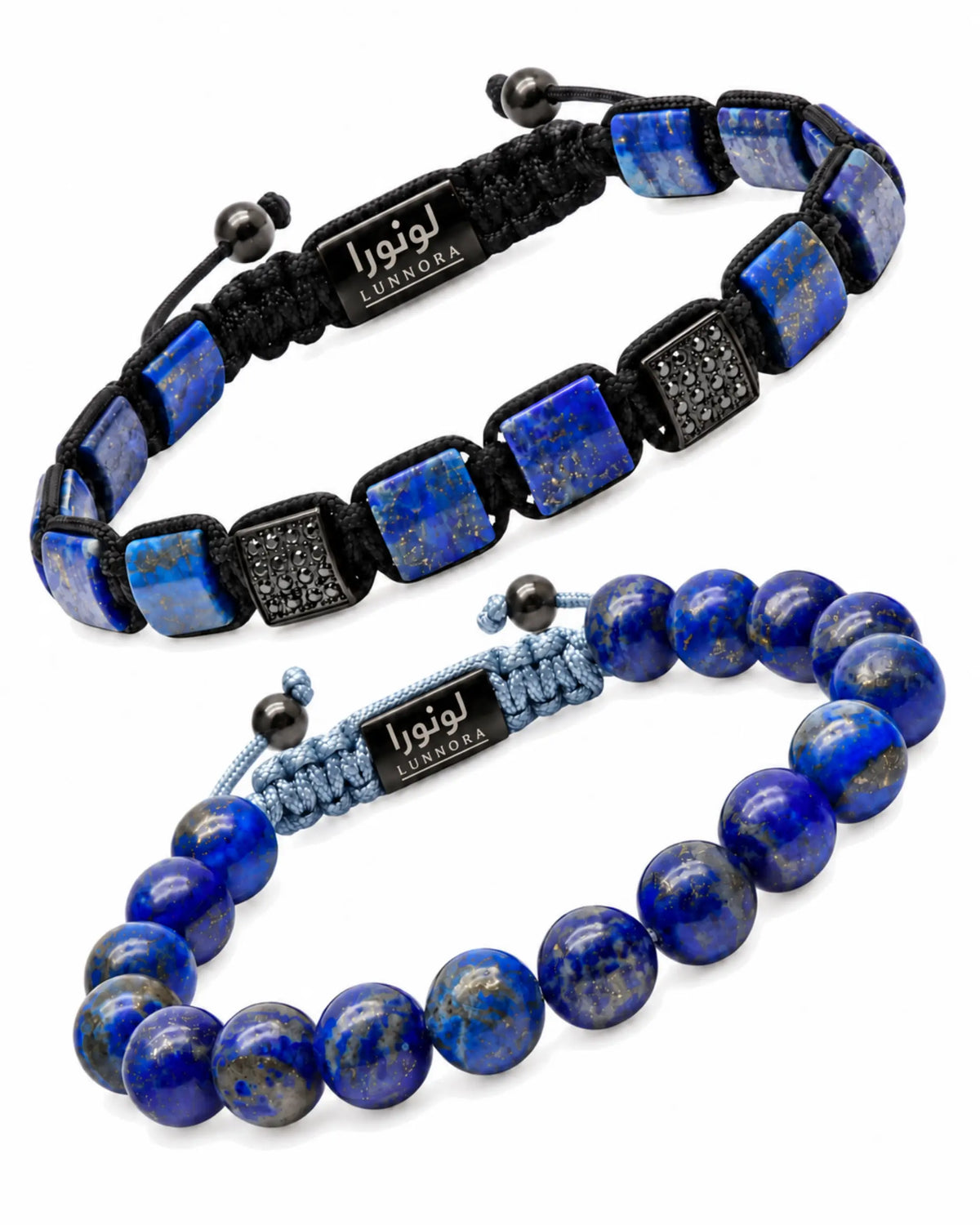 Two bracelet set: blue square-stone macrame and blue round-bead bracelet with LUNORA tags الصورة الرئيسية