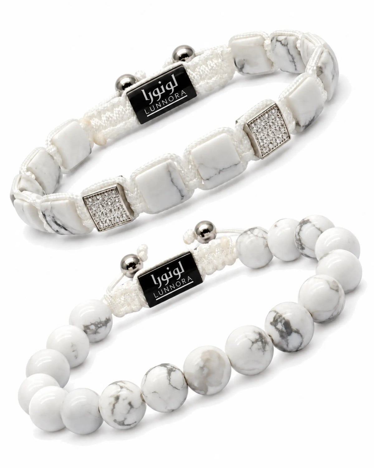 Howlite bead and cord bracelet set with black LUNNORA tags and silver square accents