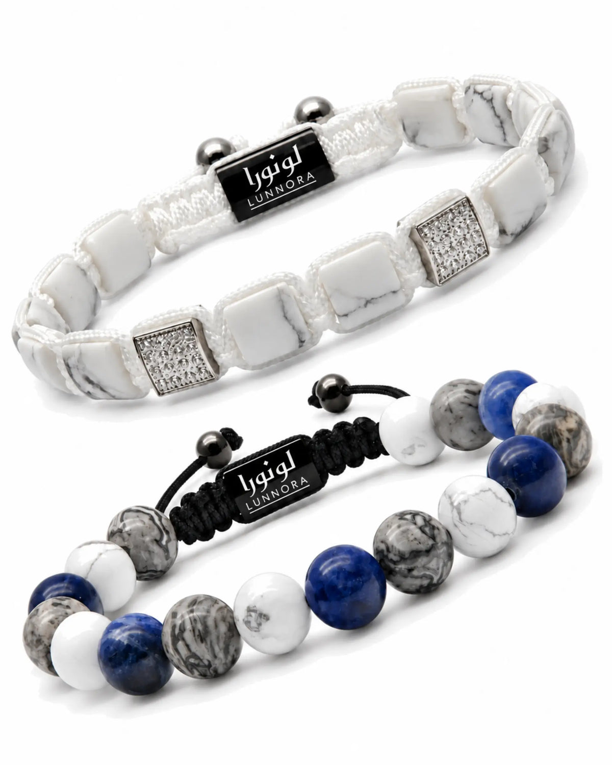 Two bracelet set: white Howlite bracelet and blue-gray stone bracelet side by side الصورة الرئيسية