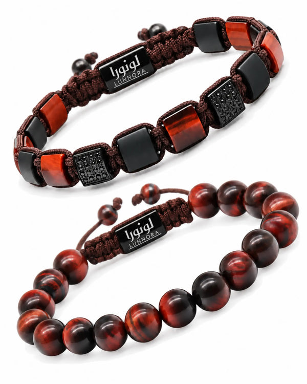 Two tiger eye beaded bracelets with red/black beads, braided cord, and square clasp details