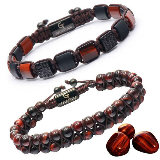 2 PIECE SET - RED TIGER EYE Double Bead & Flatbead Bracelet
