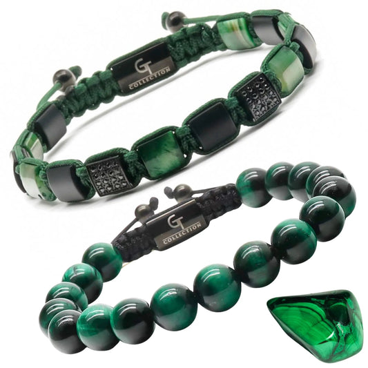 2 PIECE SET - GREEN TIGER EYE Single Bead & Flatbead Bracelet GT collection