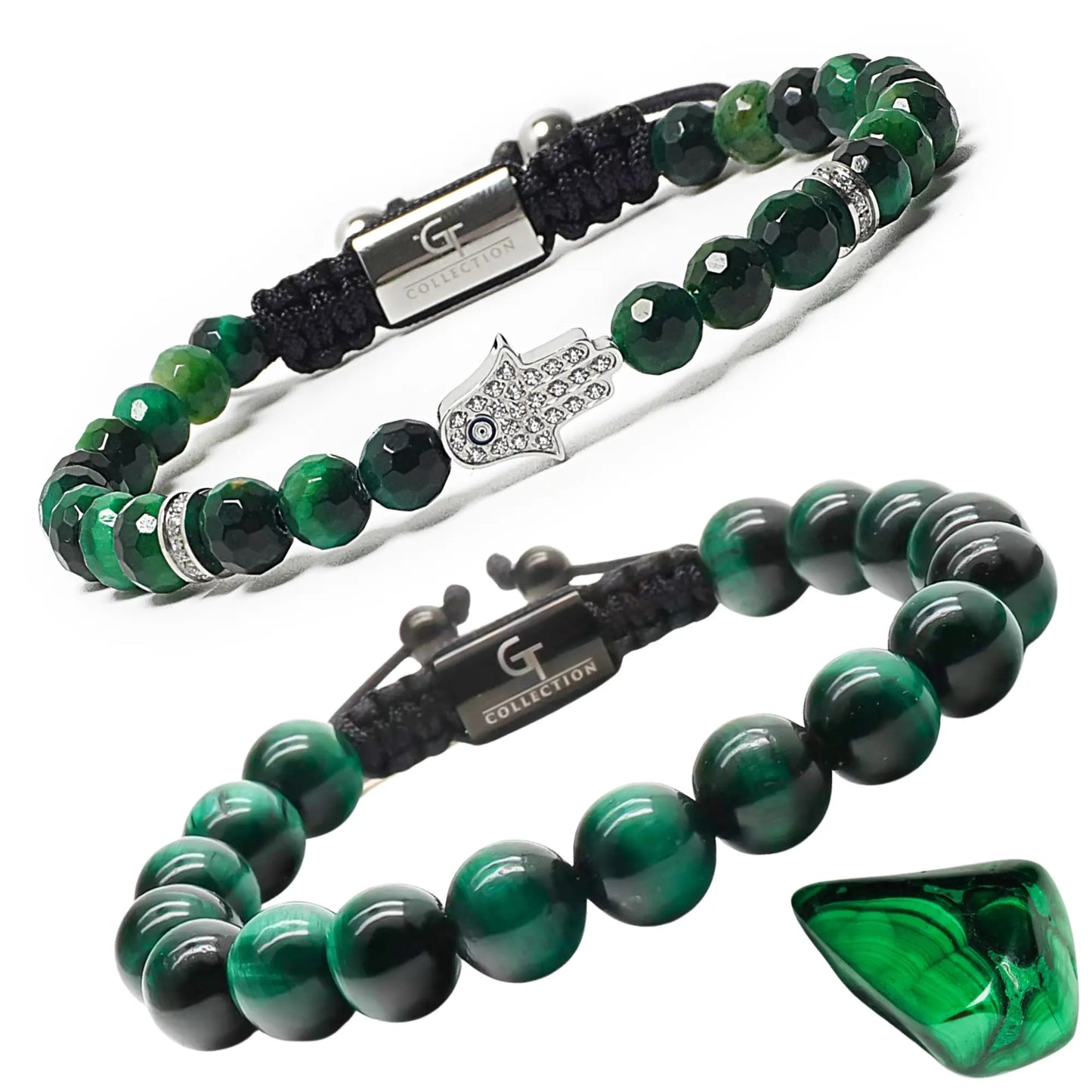2 PIECE SET - GREEN TIGER EYE Bracelets - The Balance HAMSA Set