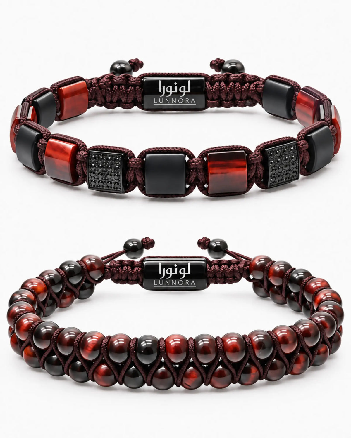 Two bracelets: maroon cord band and red-brown bead band with black centerpiece plates الصورة الرئيسية