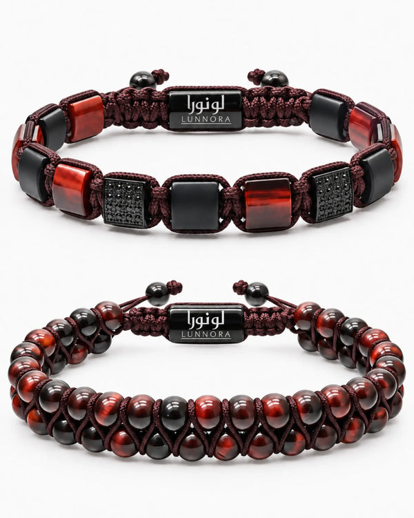 Two bracelets: maroon cord band and red-brown bead band with black centerpiece plates