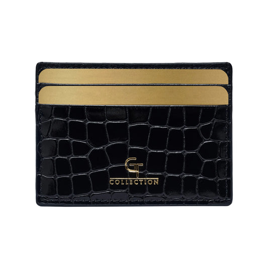 Men's Shiny Croc-Print Card Holder - Black Genuine Leather – product image (Default Title, Card Holder) by Lunnora