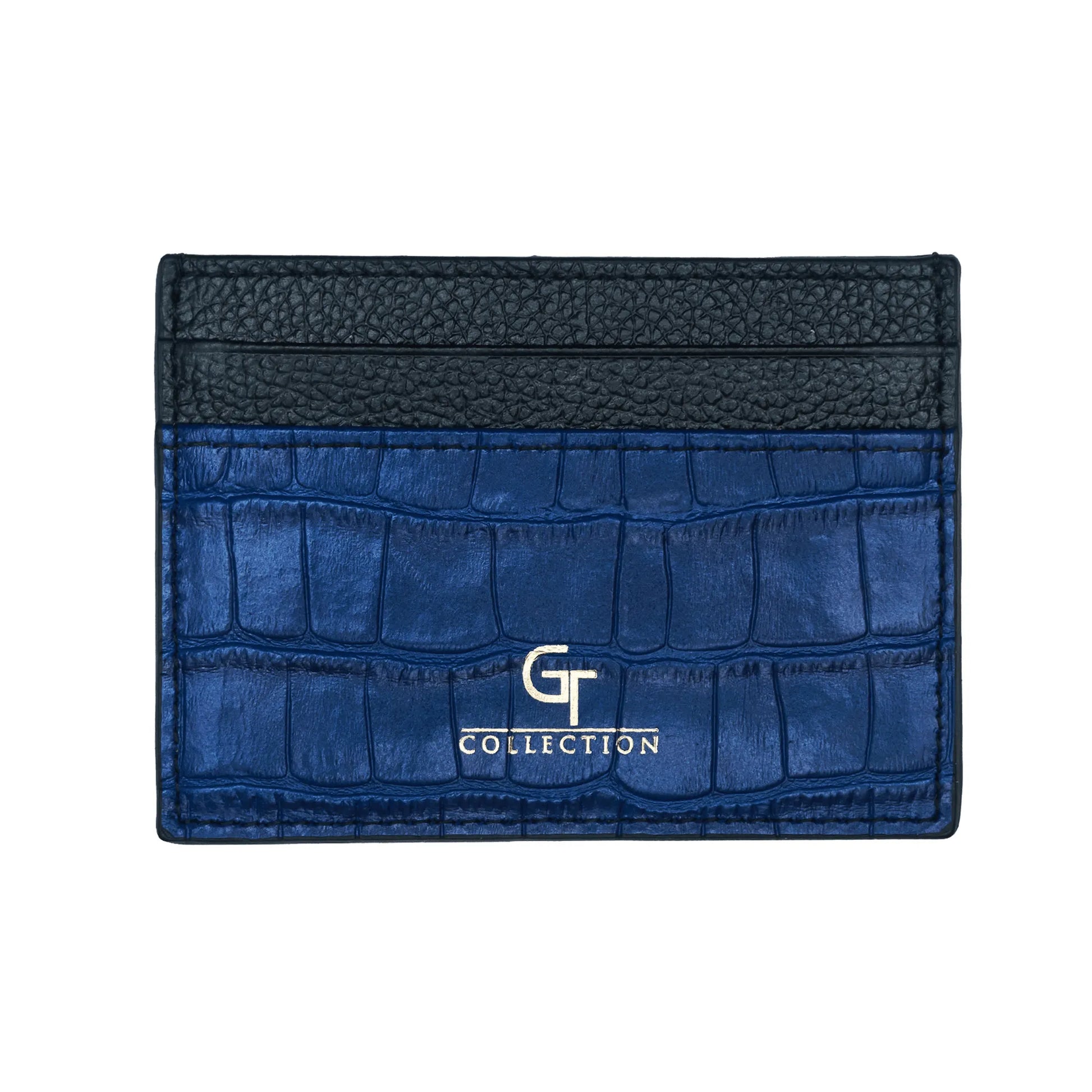 Man holding blue GT Collection leather card holder with multiple slots