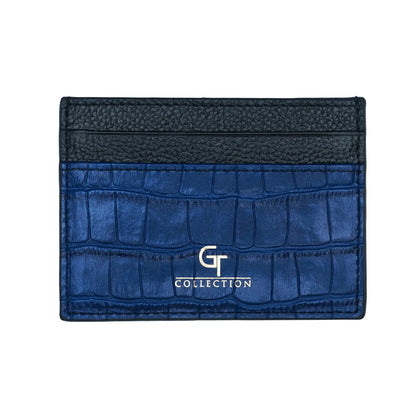 Man holding blue GT Collection leather card holder with multiple slots