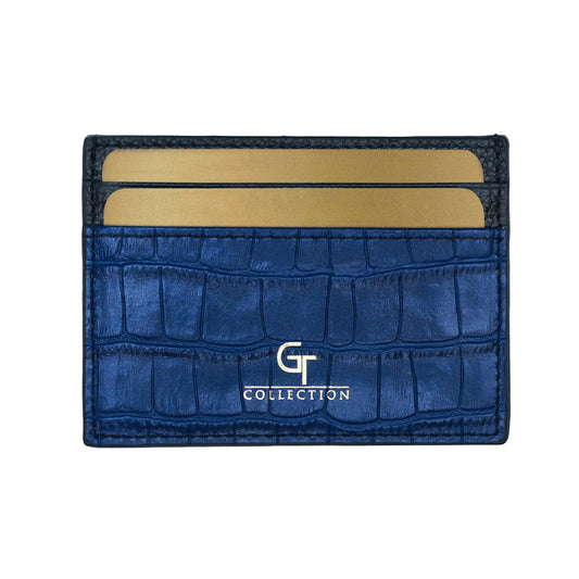 Man holding blue GT Collection leather card holder with multiple slots