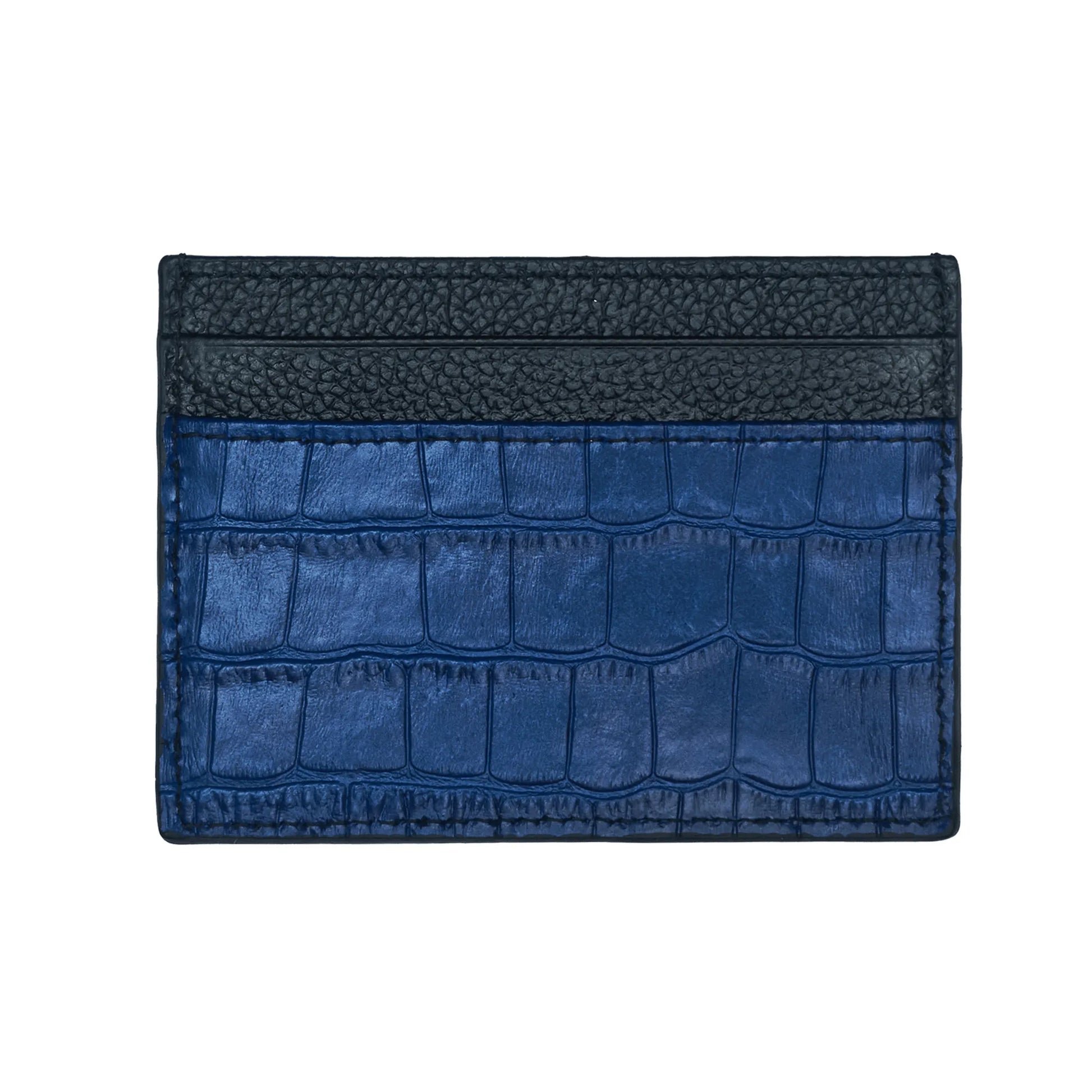 Man holding blue GT Collection leather card holder with multiple slots