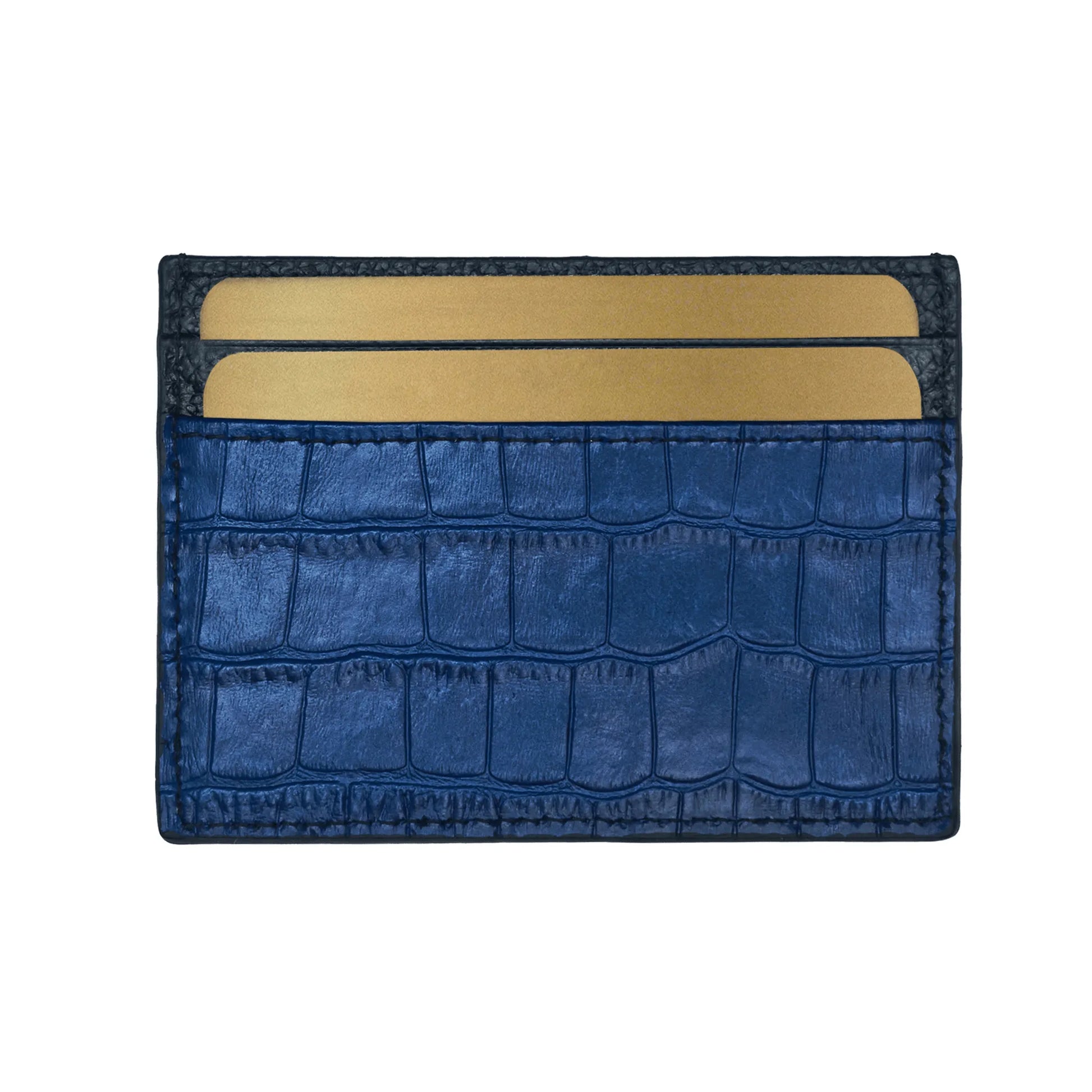 Man holding blue GT Collection leather card holder with multiple slots