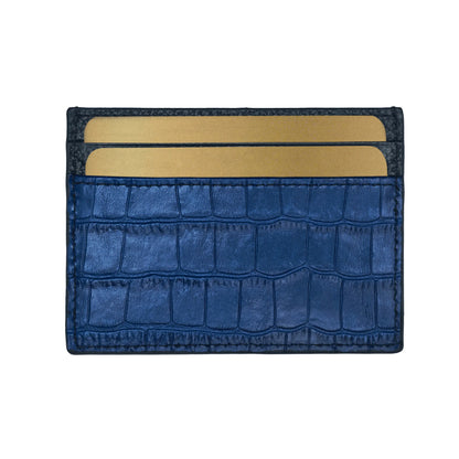 Man holding blue GT Collection leather card holder with multiple slots