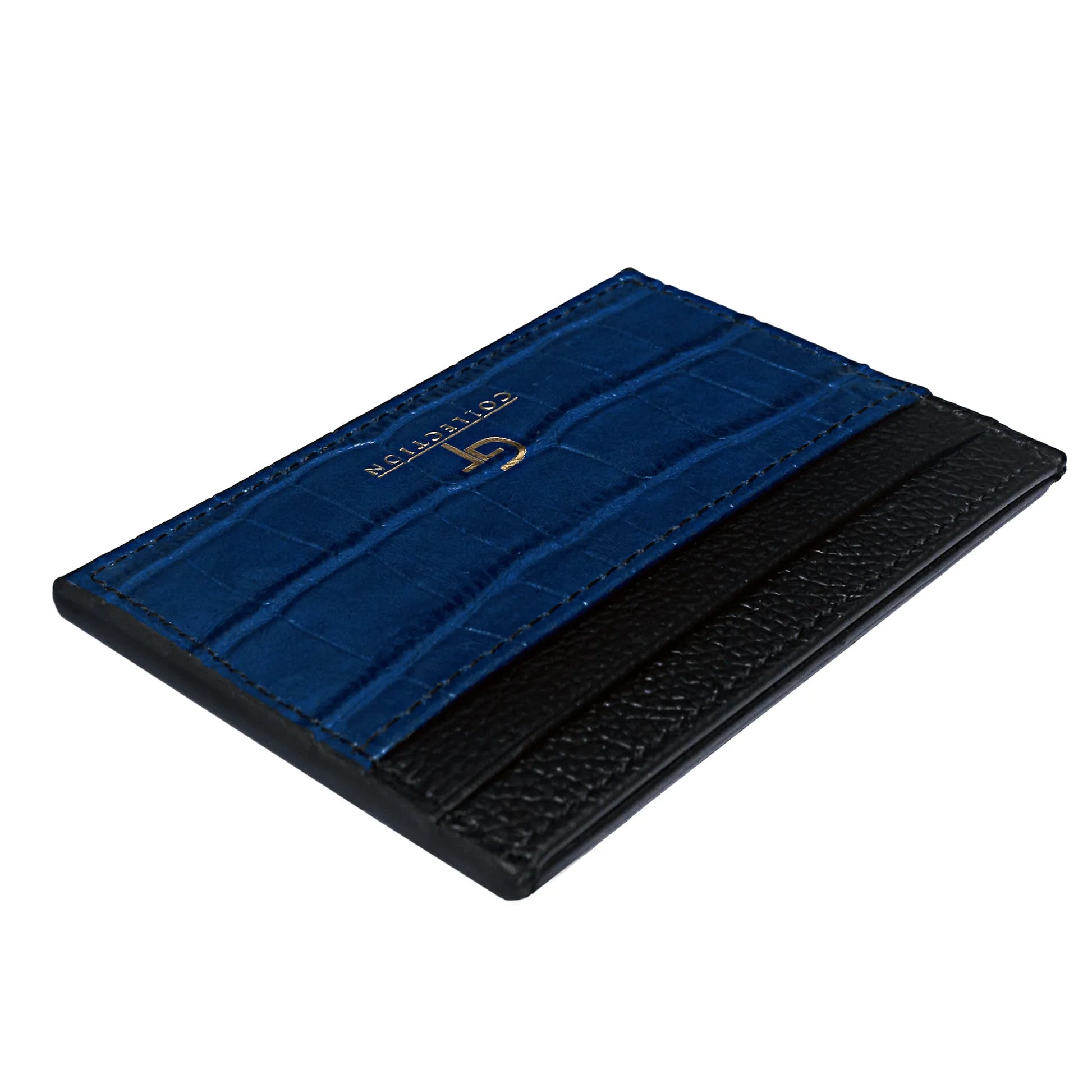 Man holding blue GT Collection leather card holder with multiple slots