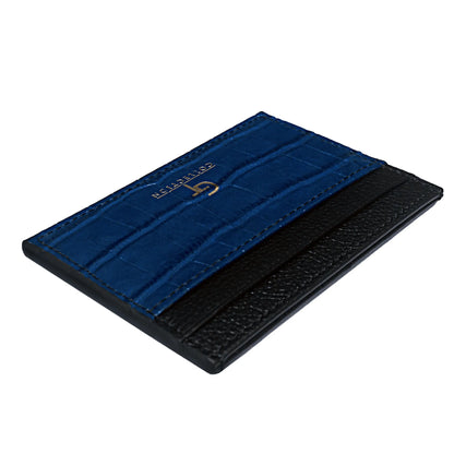 Man holding blue GT Collection leather card holder with multiple slots