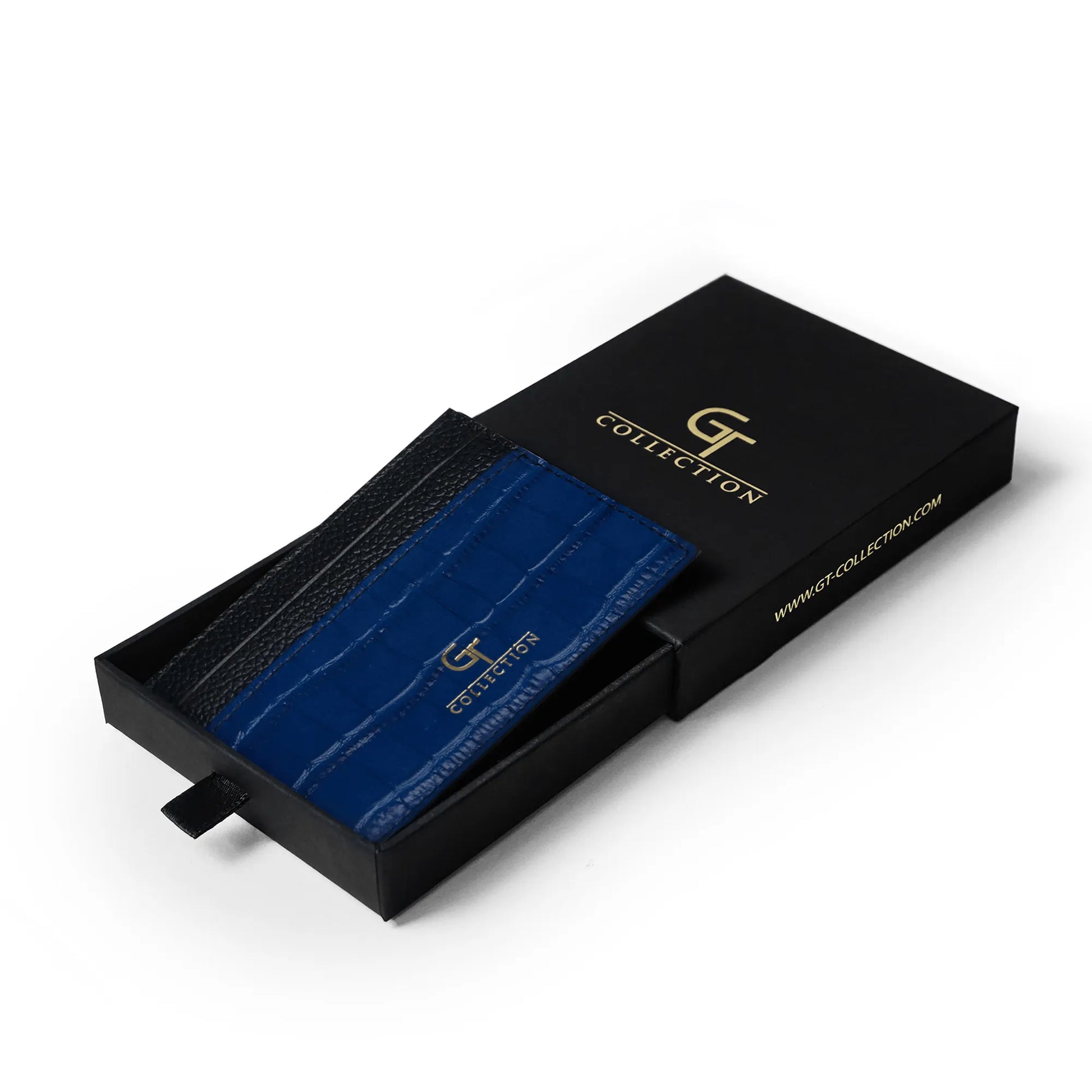 Man holding blue GT Collection leather card holder with multiple slots