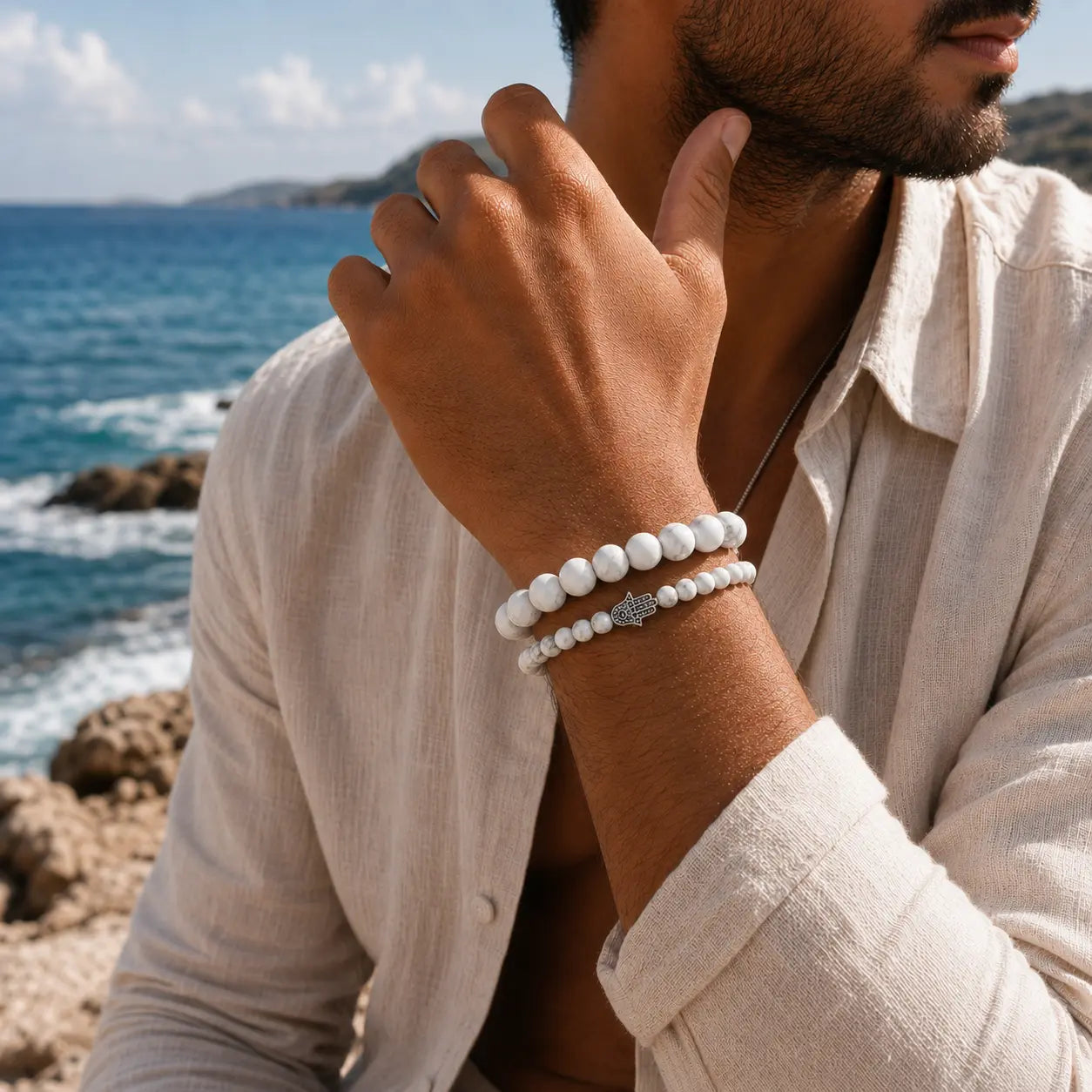 Balance Set | Men's Howlite Bracelet Stack with Hamsa Hand