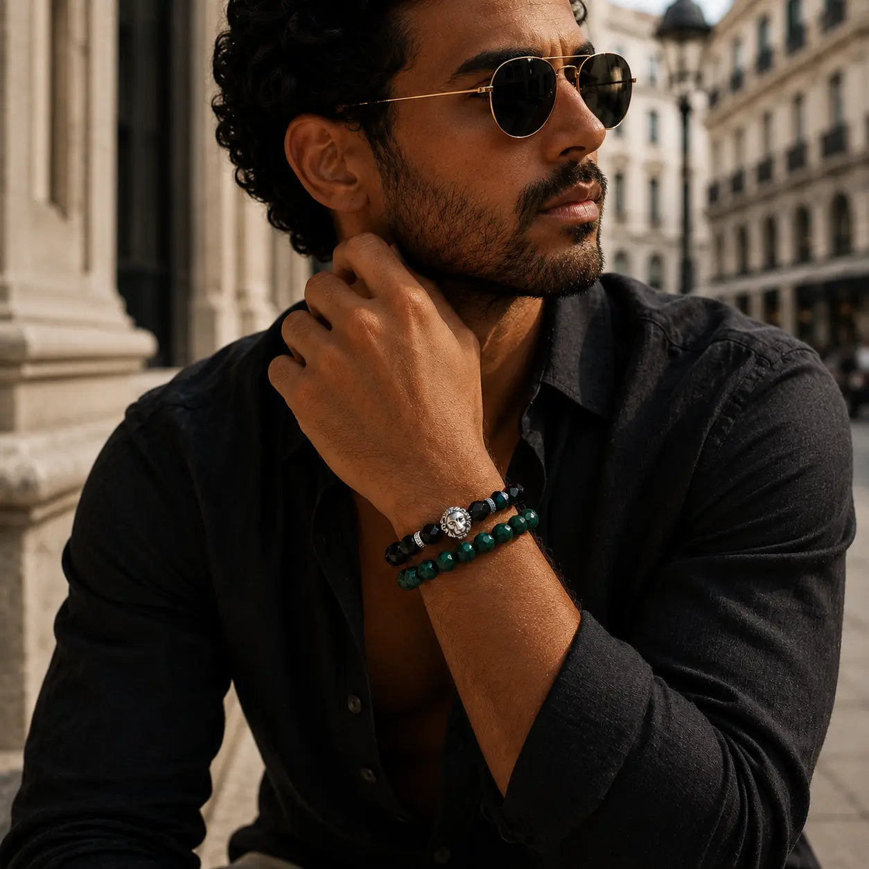 2 Piece Leadership Set | Men's Green Tiger Eye Lion Bracelet Stack