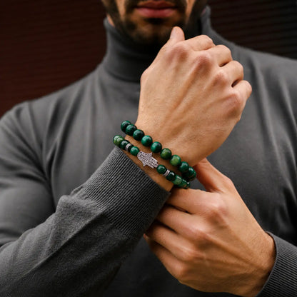 2 PIECE SET - GREEN TIGER EYE Bracelets - The Balance HAMSA Set