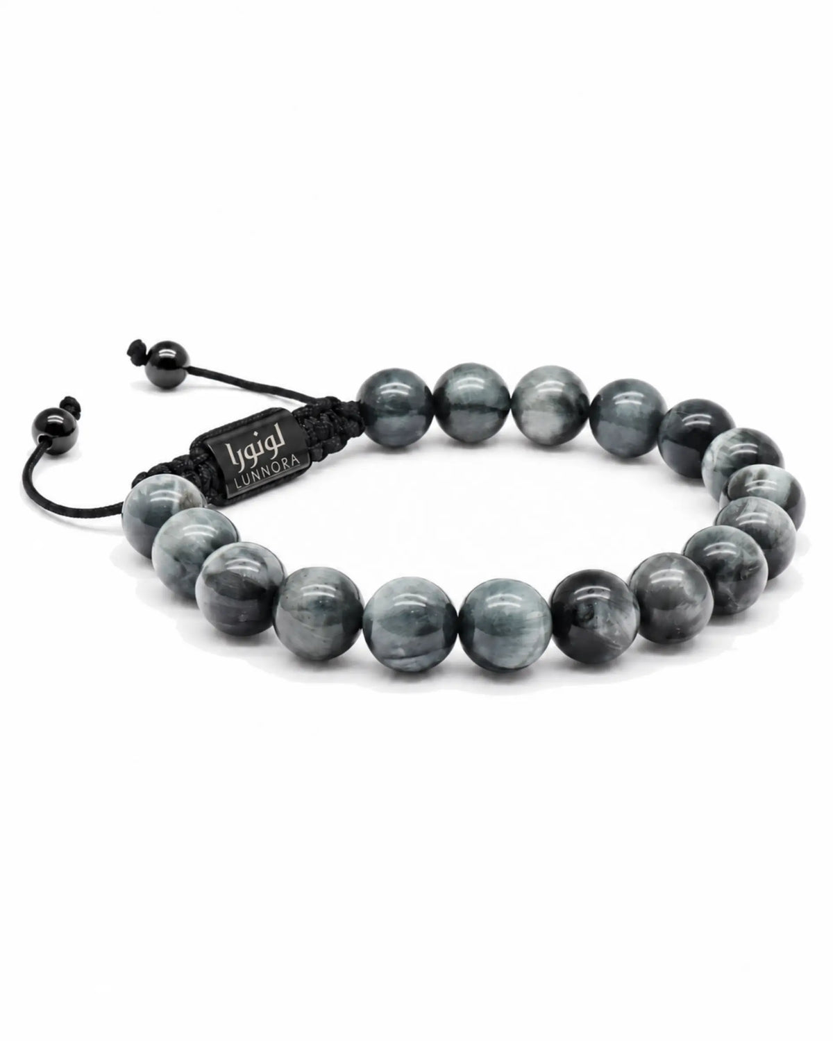 Single-row beaded bracelet with gray round stones and black adjustable cord with tag