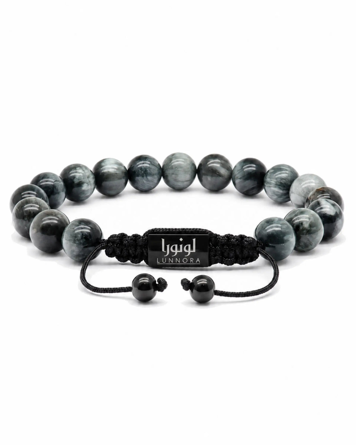 Gray stone bead bracelet with black center cord and LUNNORA engraved tag
