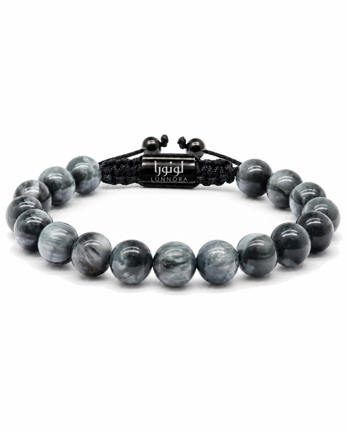 Gray bead bracelet with black braided center band and LUNNORA logo plate الصورة الرئيسية